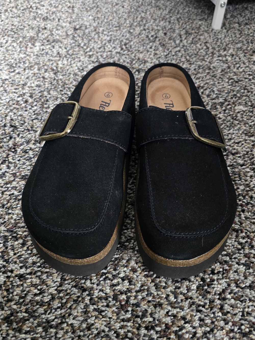 The Flexx Womens Black Suede Buckle Clog Mule